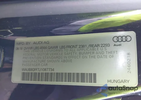 2018 Audi A3 2.0T Tech Premium from USA, damaged, VIN WAUB8GFF7J1087734